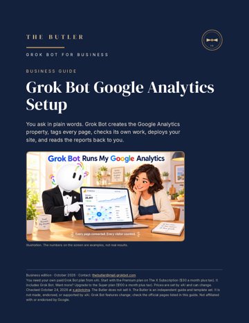 Cover of the Grok Bot Google Analytics Setup PDF guide, Grok Bot for Business by The Butler