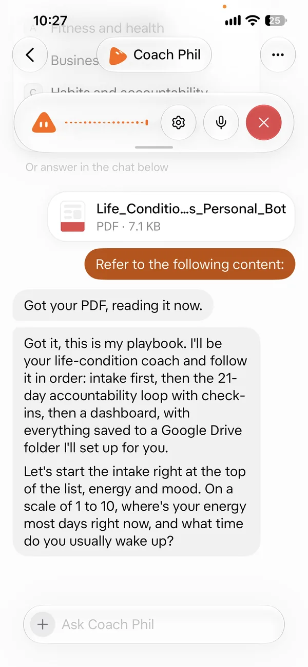 Screenshot 2 of 18 from the real Coach Phil setup chat: We gave it the guide PDF. It read it and asked about energy and wake-up time.