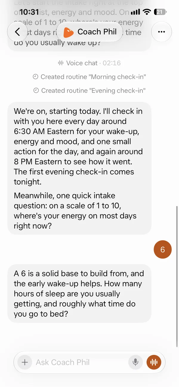 Screenshot 3 of 18 from the real Coach Phil setup chat: It set a morning and an evening check-in, then asked about sleep.