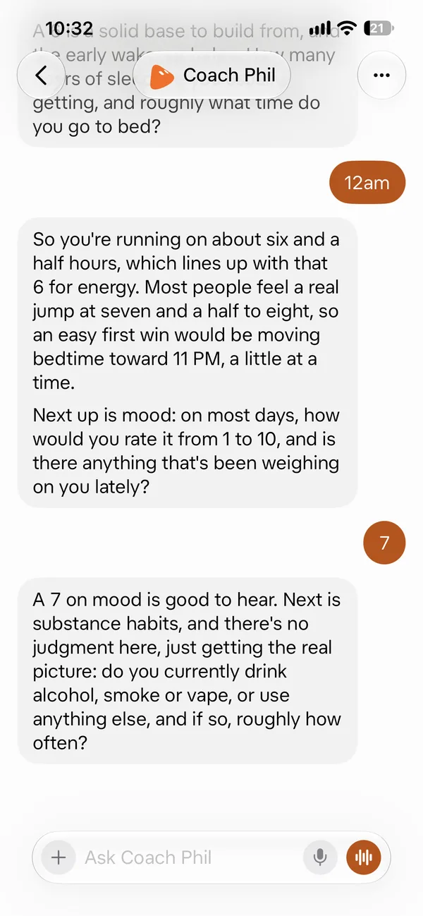 Screenshot 4 of 18 from the real Coach Phil setup chat: It did the sleep math and suggested a slightly earlier bedtime. Then it asked about mood.