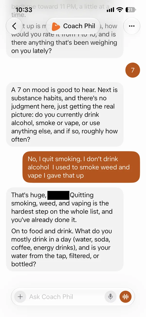 Screenshot 5 of 18 from the real Coach Phil setup chat: No judgment. It cheered the habits already quit.