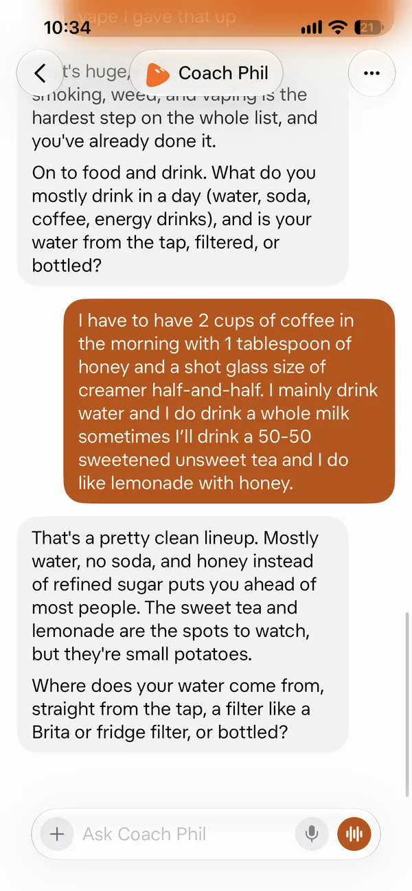 Screenshot 6 of 18 from the real Coach Phil setup chat: It asked about coffee, water, tea, and more.