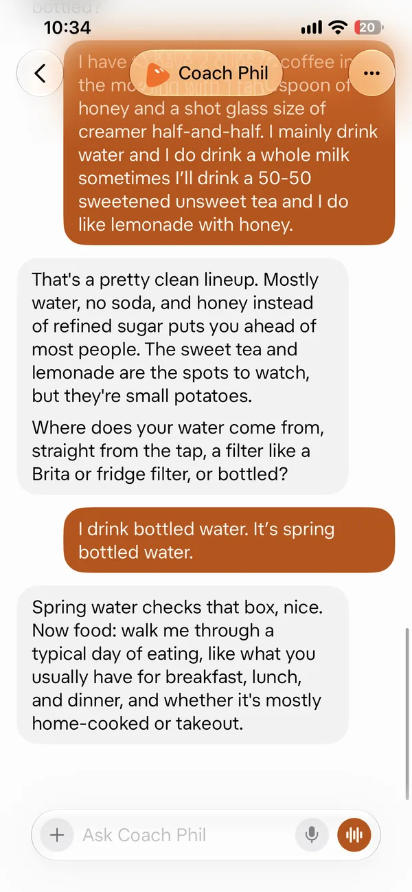 Screenshot 7 of 18 from the real Coach Phil setup chat: It asked where the water comes from.