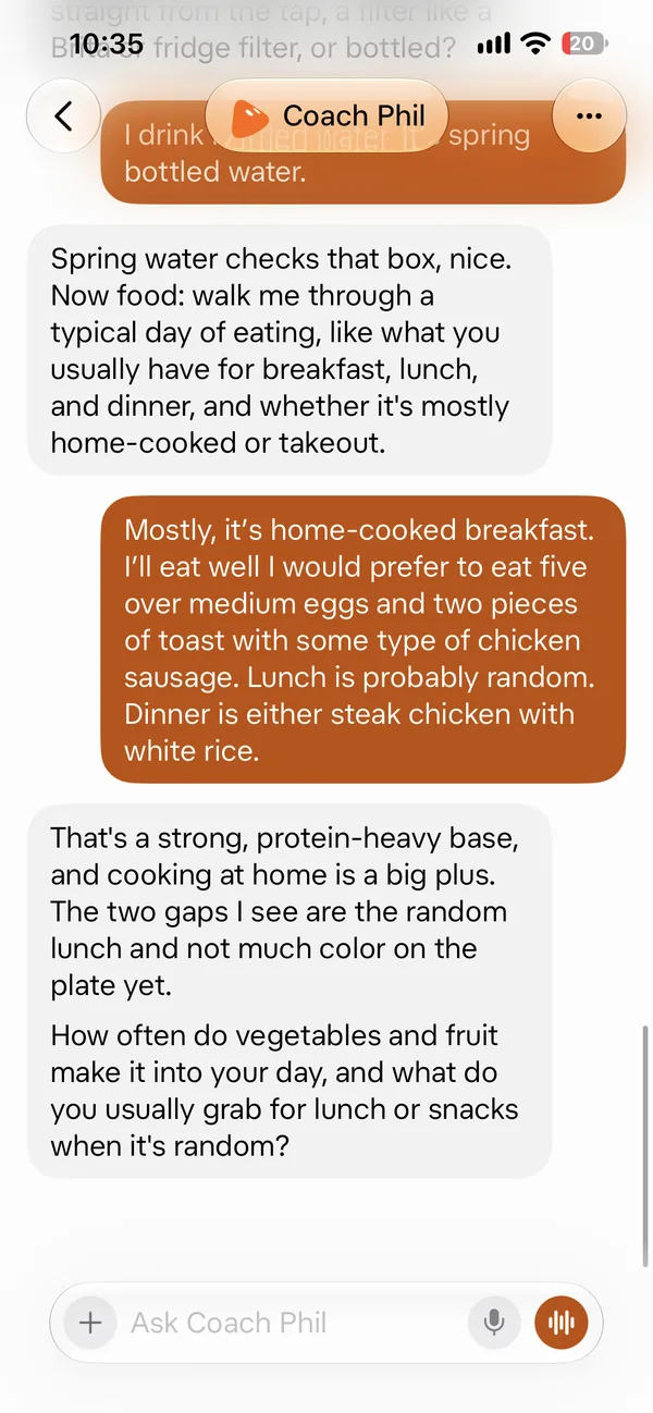 Screenshot 8 of 18 from the real Coach Phil setup chat: It asked about breakfast, lunch, and dinner, and found the gaps.
