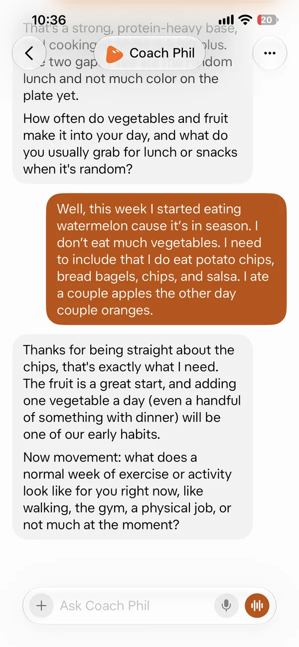 Screenshot 9 of 18 from the real Coach Phil setup chat: It suggested one vegetable a day as an early habit.