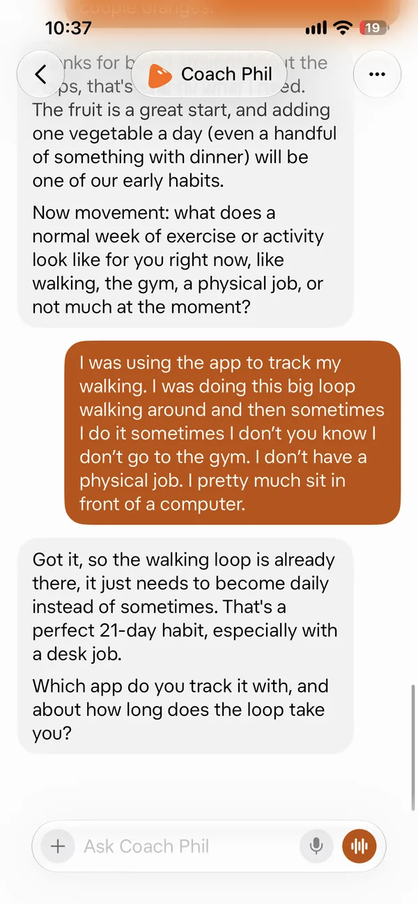 Screenshot 10 of 18 from the real Coach Phil setup chat: It asked about walks and the gym, and named a 21-day walking habit.