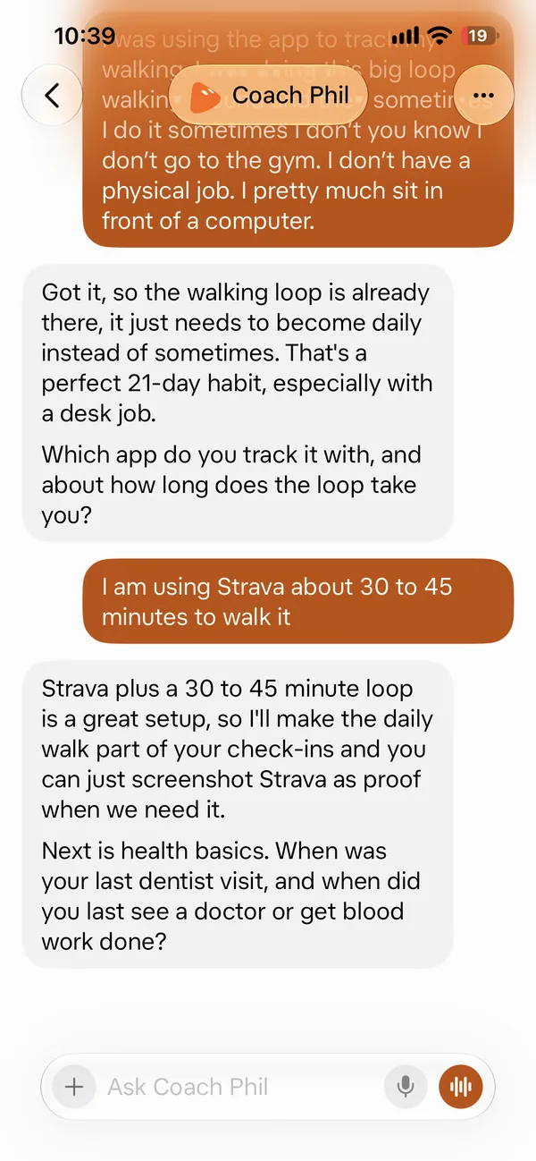 Screenshot 11 of 18 from the real Coach Phil setup chat: It said a screenshot from the walking app can count as proof.