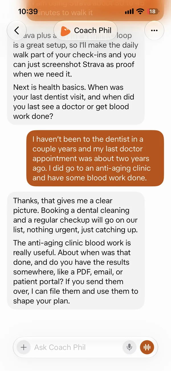 Screenshot 12 of 18 from the real Coach Phil setup chat: It asked about the last dentist visit, doctor visit, and blood work.