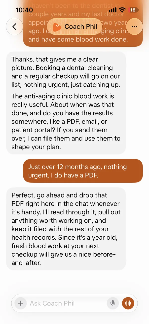 Screenshot 13 of 18 from the real Coach Phil setup chat: It put a dental cleaning and a checkup on the list, and asked for old results.