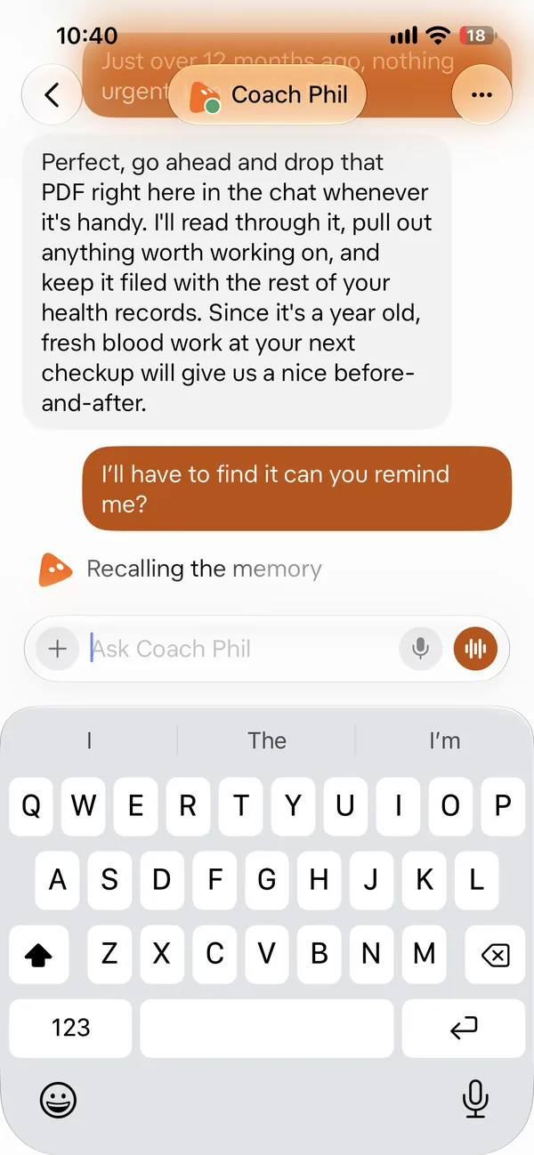 Screenshot 14 of 18 from the real Coach Phil setup chat: We asked it to remind us to find the blood work PDF.
