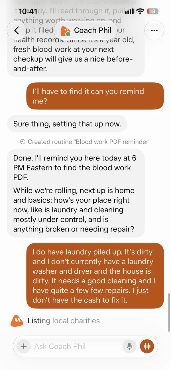 Screenshot 15 of 18 from the real Coach Phil setup chat: It set a 6 PM reminder, then asked about laundry, cleaning, and repairs.