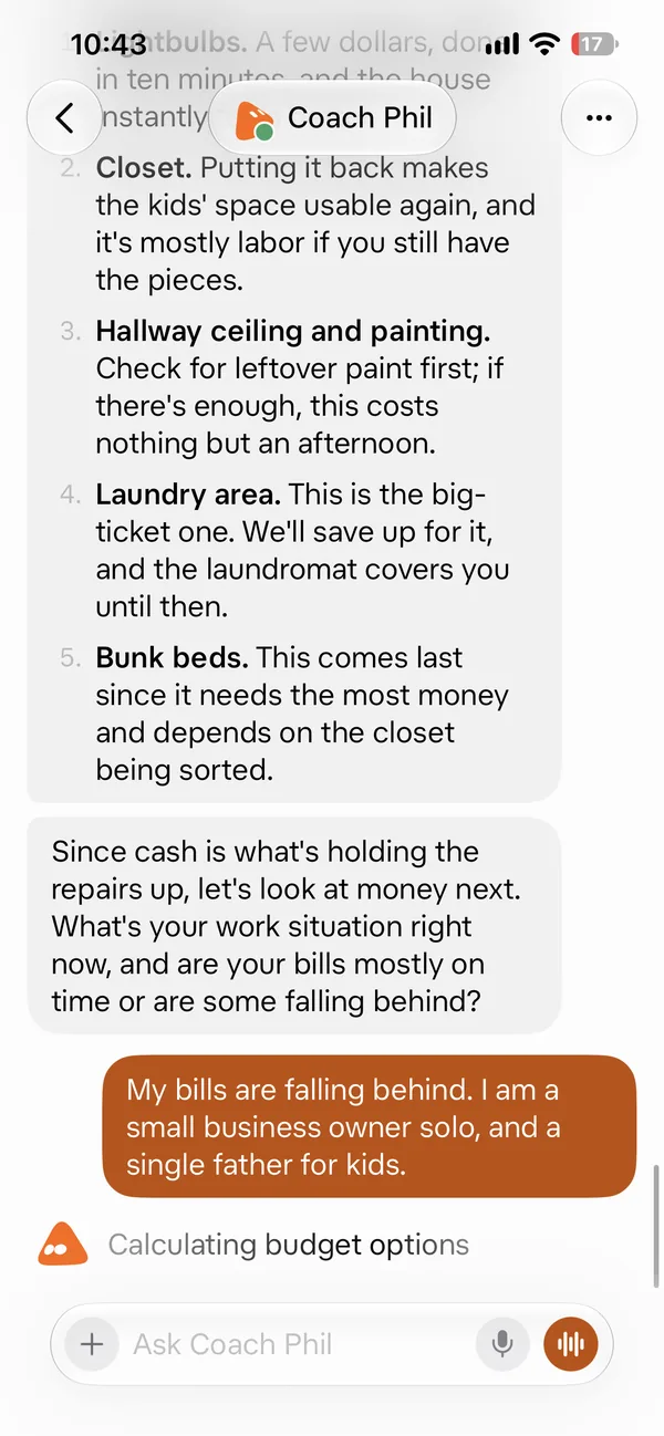 Screenshot 16 of 18 from the real Coach Phil setup chat: It ranked the home repairs, then asked about work and bills.