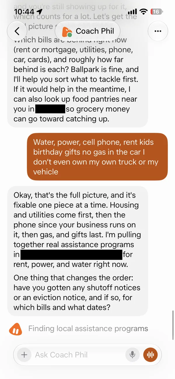 Screenshot 17 of 18 from the real Coach Phil setup chat: It put housing and utilities first and started looking for local help.