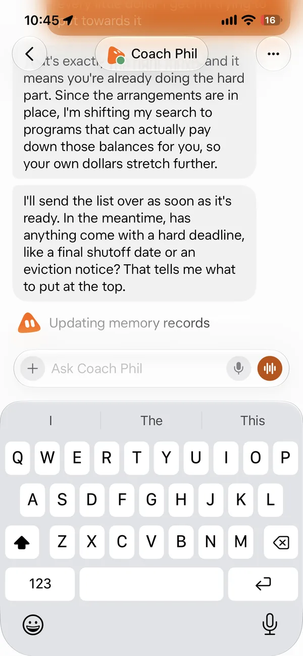 Screenshot 18 of 18 from the real Coach Phil setup chat: It asked about shutoff dates so the most urgent thing goes to the top.