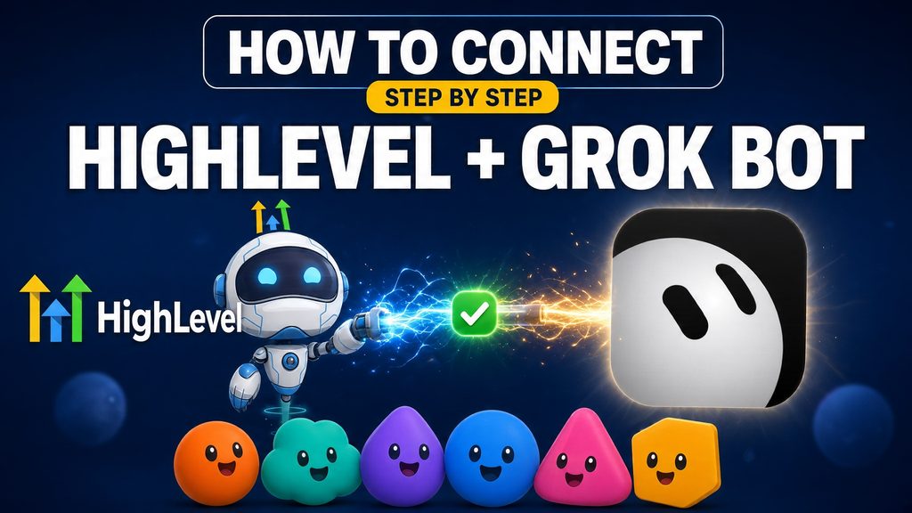 How to connect HighLevel and Grok Bot, step by step: the HighLevel logo, a robot, and the Grok Bot app icon