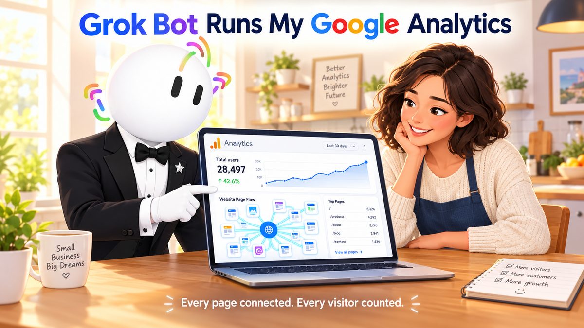 Illustration: the Butler character, a robot in a tuxedo, points at a Google Analytics dashboard on a laptop while a smiling woman watches, under the title Grok Bot Runs My Google Analytics. The numbers on the screen are examples.