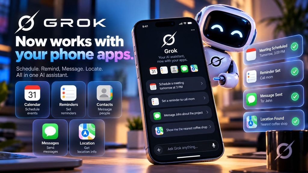 Grok Bot works with your phone apps: Calendar, Reminders, Contacts, Messages and Location tiles next to a phone and a robot